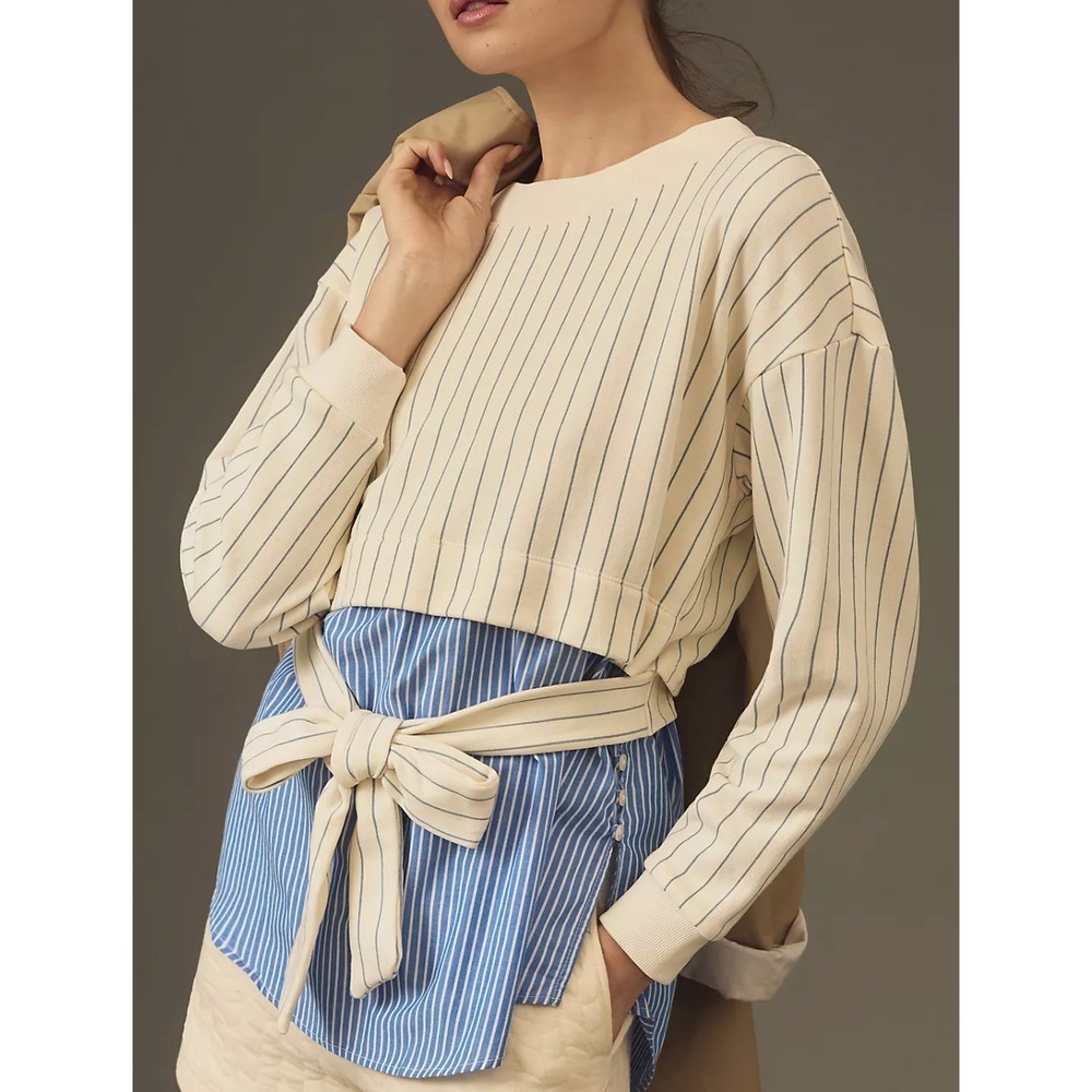 By Anthropologie French Terry Twofer Sweatshirt Striped Layered Tie Waist Top XL